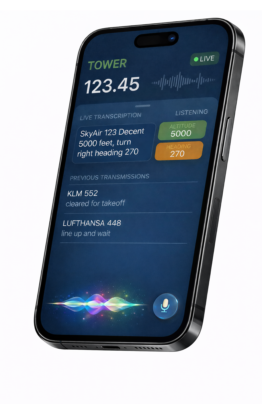 ATC2Text app showing real-time transcription with color-coded callsigns, altitudes, and pressure settings